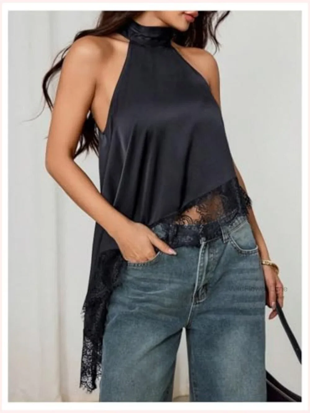 Halter Neck Lace Trim Sleeveless Asymmetrical Hem Flowy Blouse Top